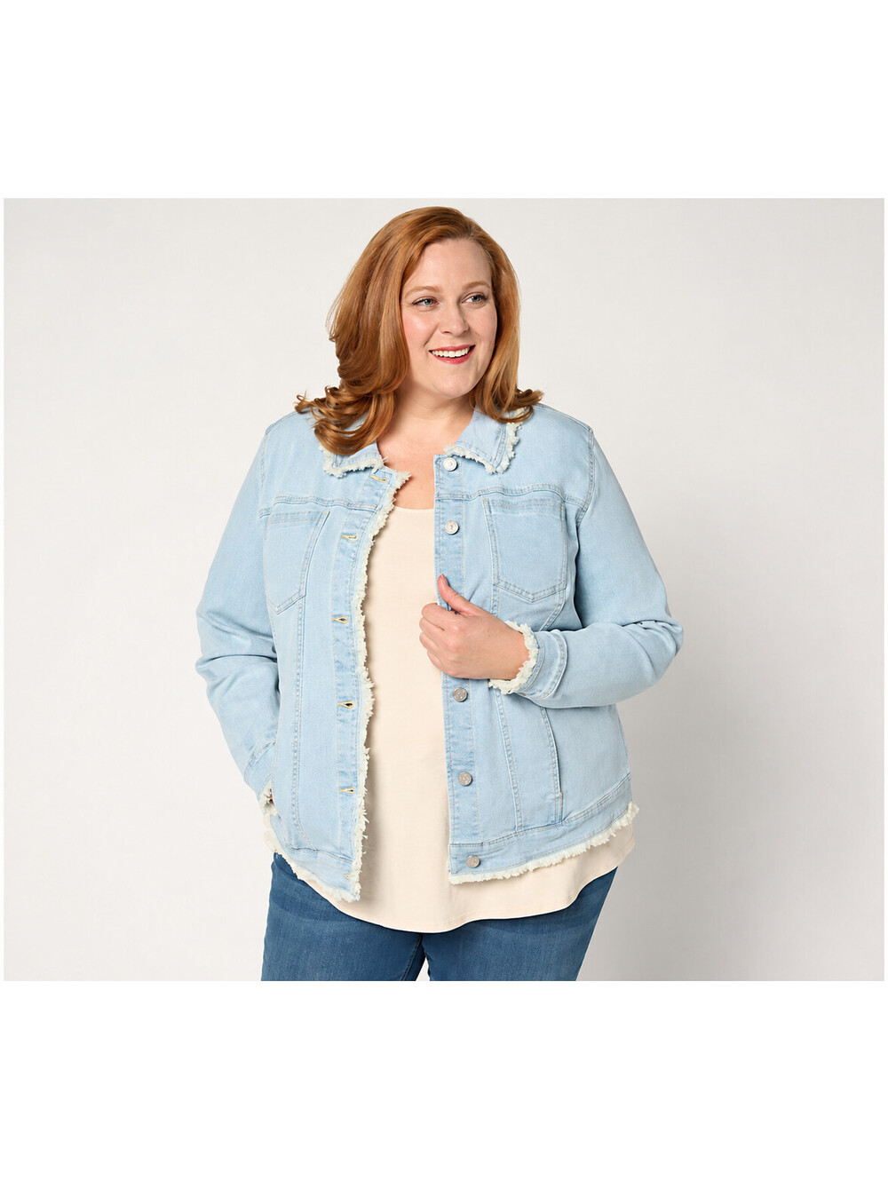 Susan Graver Stretch Denim Button-Front Frayed Jean Jacket Malbu Wash, Large